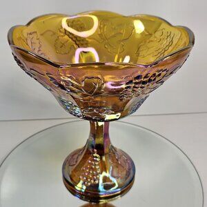 Vintage Amber Carnival Glass Pedestal Compote Bowl Grape Vine Scalloped Rim 8.25